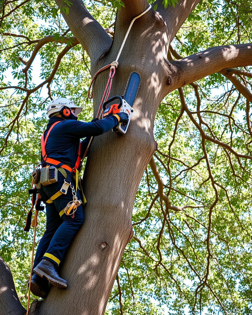 Arborist high in a tree with chainsaw