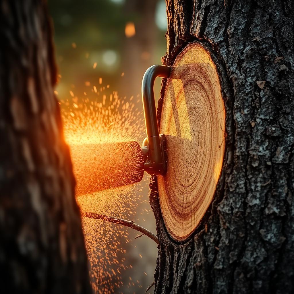 Chainsaw cutting through tree trunk